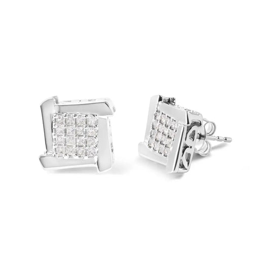 10K White Gold 1/2 Cttw Composite Princess Diamond Square and Swirl Stud Earrings (I-J Color, I1-I2 Clarity) - Bijoux-NYC Direct