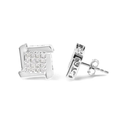 10K White Gold 1/2 Cttw Composite Princess Diamond Square and Swirl Stud Earrings (I-J Color, I1-I2 Clarity) - Bijoux-NYC Direct
