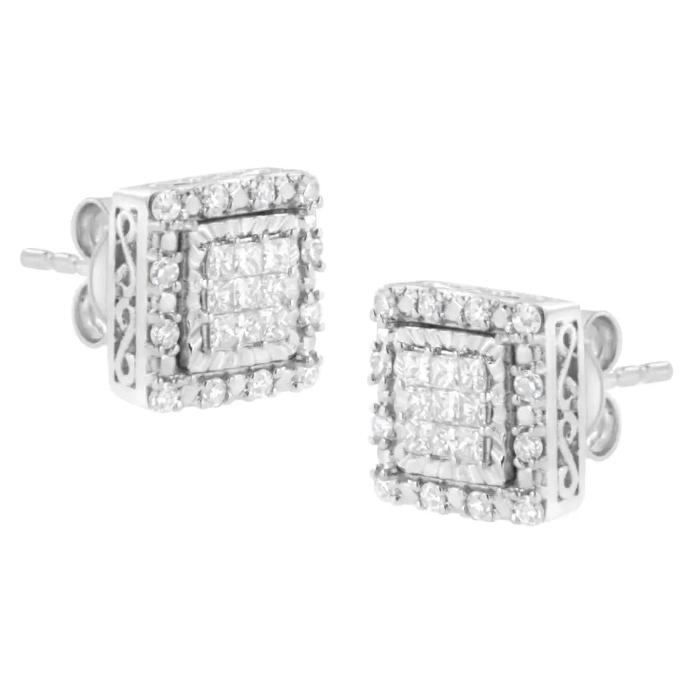 1/2 cttw princess cut diamond halo stud earrings in 10k white gold bijoux-nyc direct