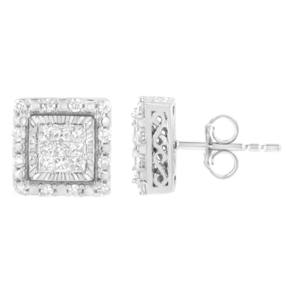 1/2 cttw princess cut diamond halo stud earrings in 10k white gold bijoux-nyc direct