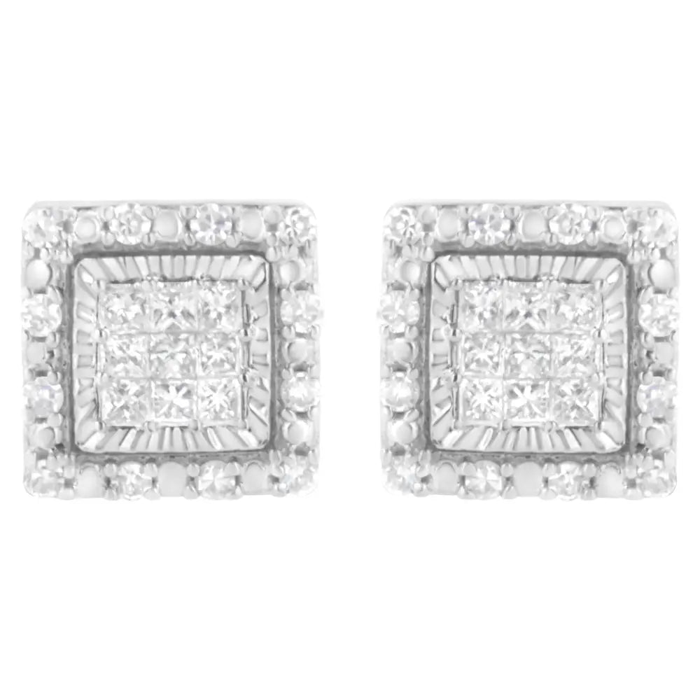 1/2 cttw princess cut diamond halo stud earrings in 10k white gold bijoux-nyc direct