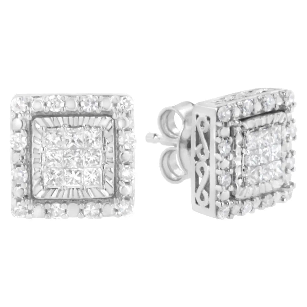 1/2 cttw princess cut diamond halo stud earrings in 10k white gold bijoux-nyc direct