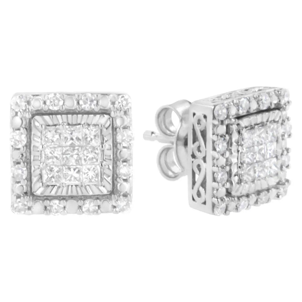 10K White Gold 1/2 cttw Invisible Set Princess-Cut Diamond Square Stud Earring (I-J Color, I1-I2 Clarity) - Bijoux-NYC Direct