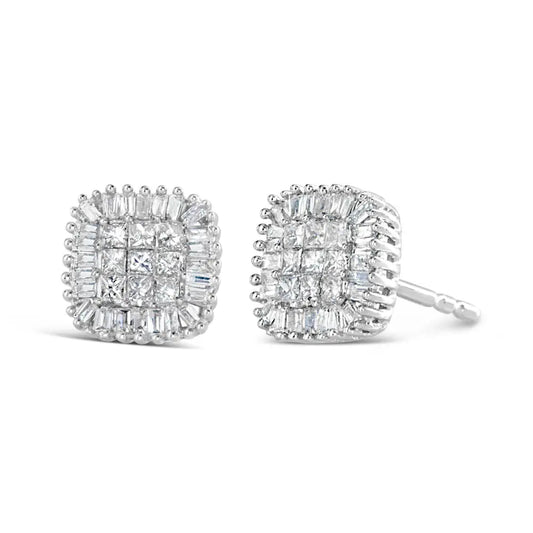 10K White Gold 1/2 Cttw Invisible-Set Princess Cut & Prong-Set Baguette Diamond Composite Stud Earrings (H-I Color, I1-I2 Clarity) - Bijoux-NYC Direct