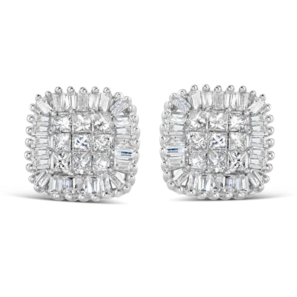 10K White Gold 1/2 Cttw Invisible-Set Princess Cut & Prong-Set Baguette Diamond Composite Stud Earrings (H-I Color, I1-I2 Clarity) - Bijoux-NYC Direct