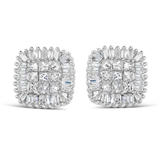 10K White Gold 1/2 Cttw Invisible-Set Princess Cut & Prong-Set Baguette Diamond Composite Stud Earrings (H-I Color, I1-I2 Clarity) - Bijoux-NYC Direct