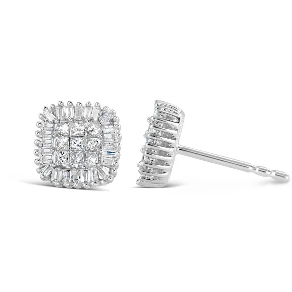 10K White Gold 1/2 Cttw Invisible-Set Princess Cut & Prong-Set Baguette Diamond Composite Stud Earrings (H-I Color, I1-I2 Clarity) - Bijoux-NYC Direct