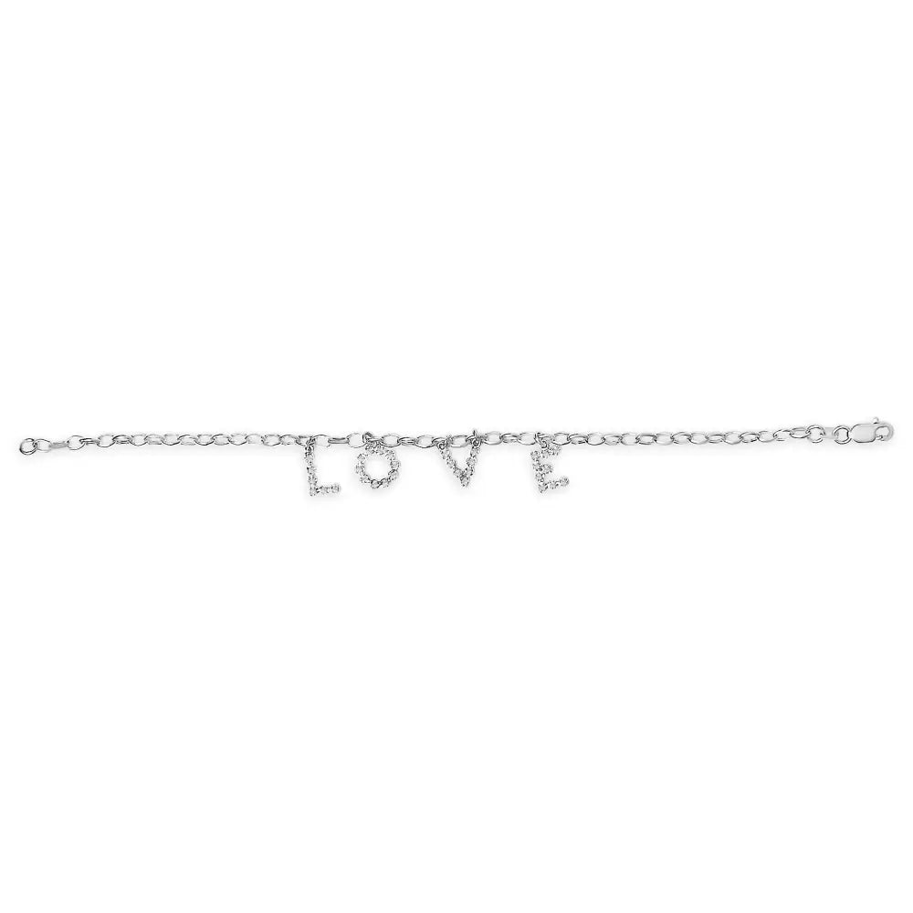 10k white gold 1/6 cttw diamond love charm 7 inch bracelet bijoux-nyc direct