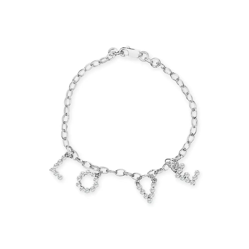 10k white gold 1/6 cttw diamond love charm 7 inch bracelet bijoux-nyc direct