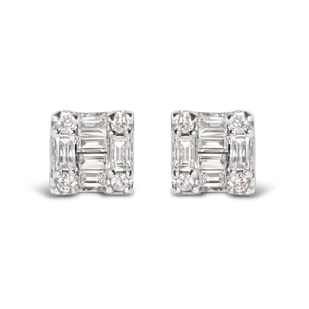 Round & baguette diamond mosaic square stud earrings in 10k white gold