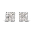Round & baguette diamond mosaic square stud earrings in 10k white gold