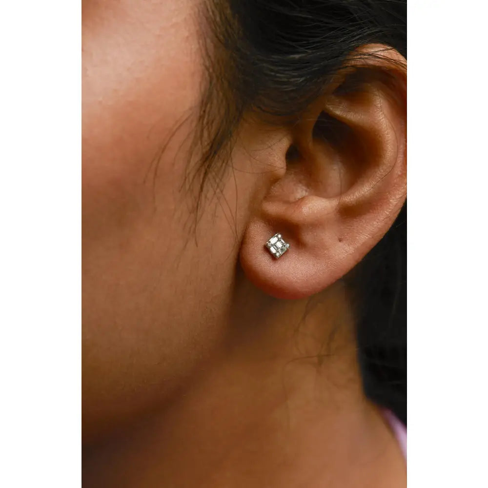 Round & baguette diamond mosaic square stud earrings in 10k white gold