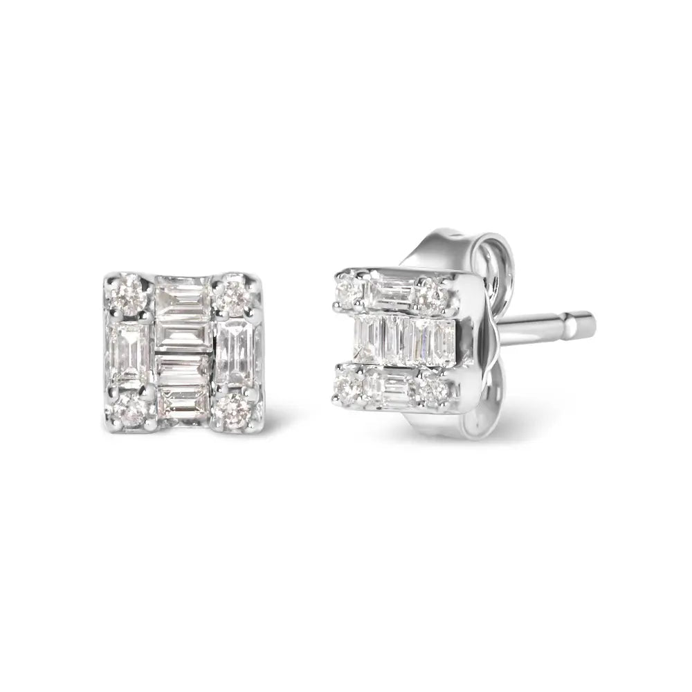 10K White Gold 1/7 Cttw Round and Baguette Diamond Mosaic Square Stud Earrings (H-I Color, I1-I2 Clarity) - Bijoux-NYC Direct