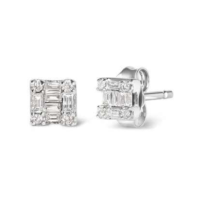 10K White Gold 1/7 Cttw Round and Baguette Diamond Mosaic Square Stud Earrings (H-I Color, I1-I2 Clarity) - Bijoux-NYC Direct