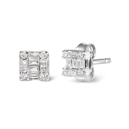 10K White Gold 1/7 Cttw Round and Baguette Diamond Mosaic Square Stud Earrings (H-I Color, I1-I2 Clarity) - Bijoux-NYC Direct