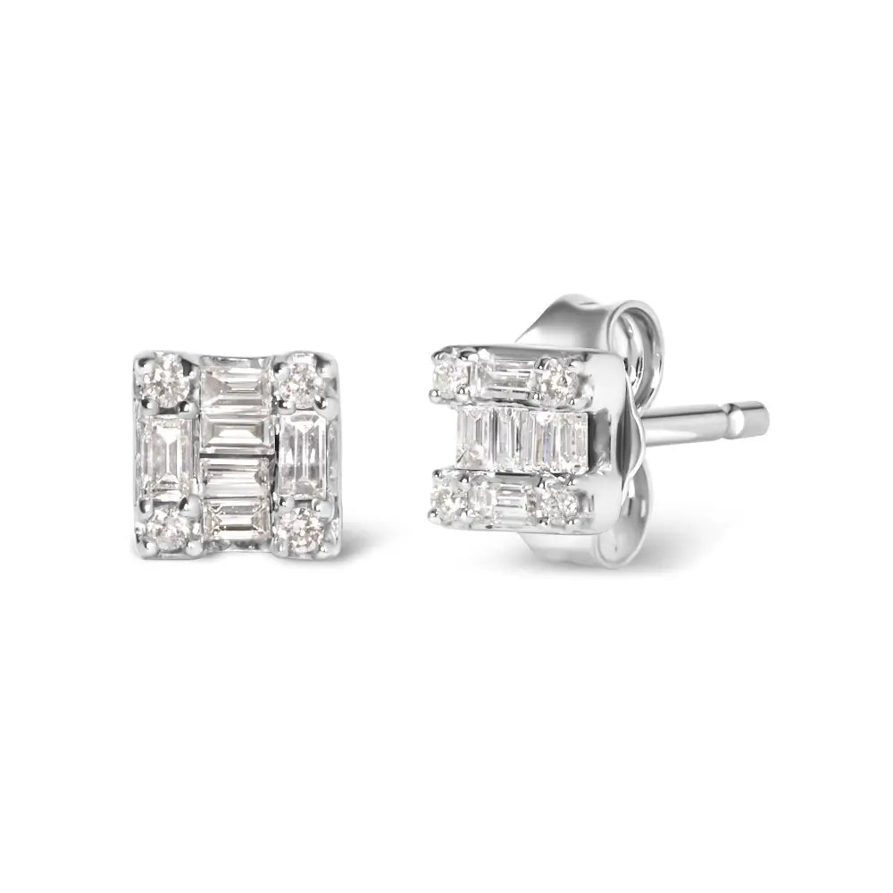 Round & baguette diamond mosaic square stud earrings in 10k white gold