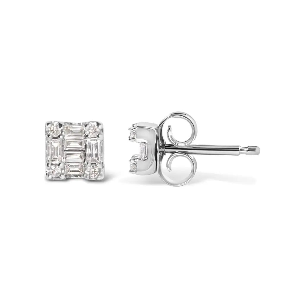 Round & baguette diamond mosaic square stud earrings in 10k white gold
