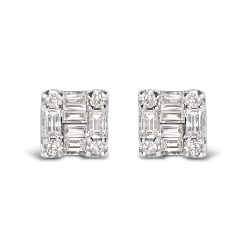 10K White Gold 1/7 Cttw Round and Baguette Diamond Mosaic Square Stud Earrings (H-I Color, I1-I2 Clarity) - Bijoux-NYC Direct