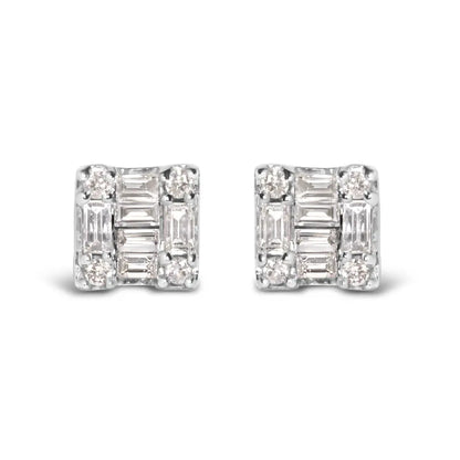 10K White Gold 1/7 Cttw Round and Baguette Diamond Mosaic Square Stud Earrings (H-I Color, I1-I2 Clarity) - Bijoux-NYC Direct