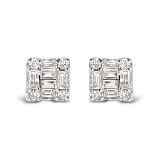 10K White Gold 1/7 Cttw Round and Baguette Diamond Mosaic Square Stud Earrings (H-I Color, I1-I2 Clarity) - Bijoux-NYC Direct