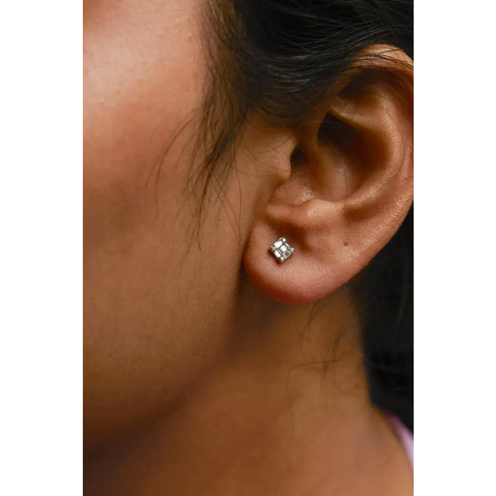 10K White Gold 1/7 Cttw Round and Baguette Diamond Mosaic Square Stud Earrings (H-I Color, I1-I2 Clarity) - Bijoux-NYC Direct