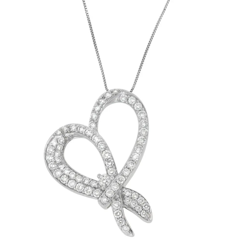 10K White Gold 1 cttw Round Cut Diamond Heart and Bow Pendant Necklace (G-H, SI1-SI2) - Bijoux-NYC Direct