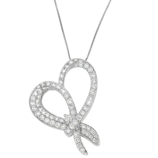 10K White Gold 1 cttw Round Cut Diamond Heart and Bow Pendant Necklace (G-H, SI1-SI2) - Bijoux-NYC Direct
