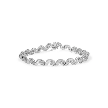 10k white gold 2.00 cttw round cut and baguette diamond floral design swirl link 7’’ bracelet (i j color i1 i2 clarity)
