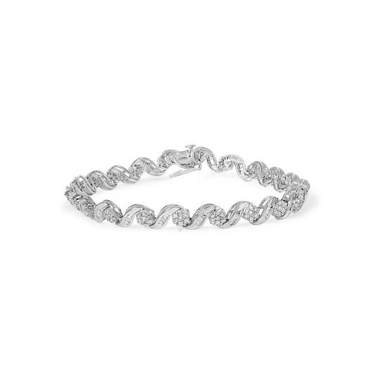 10k white gold 2.00 cttw round cut and baguette diamond floral design swirl link 7’’ bracelet (i j color i1 i2 clarity)