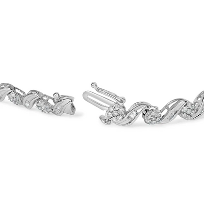 10k white gold 2.00 cttw round cut and baguette diamond floral design swirl link 7’’ bracelet (i j color i1 i2 clarity)