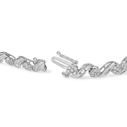 10k white gold 2.00 cttw round cut and baguette diamond floral design swirl link 7’’ bracelet (i j color i1 i2 clarity)