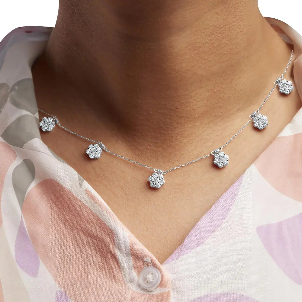 10k white gold 3.0 cttw round cut diamond 7 stone cluster station necklace (h i color i1 i2 clarity) 18’’ necklaces/non
