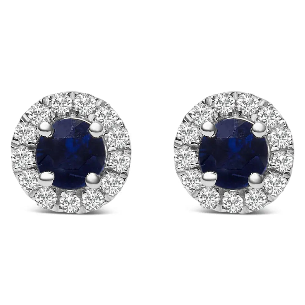 10k white gold 3.25mm blue sapphire and 1/10 cttw diamond halo studs bijoux-nyc direct