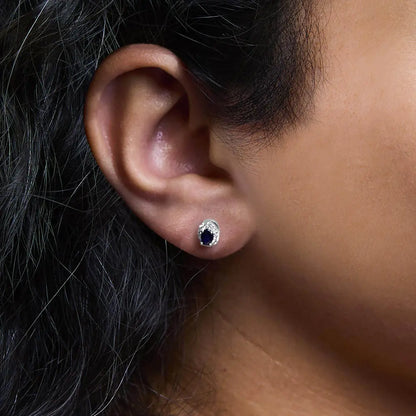 10K White Gold 3.25mm x 3.25mm Round Blue Sapphire and 1/10 Cttw Diamond Halo Stud Earrings (I-J Color, I1-I2 Clarity) - Bijoux-NYC Direct