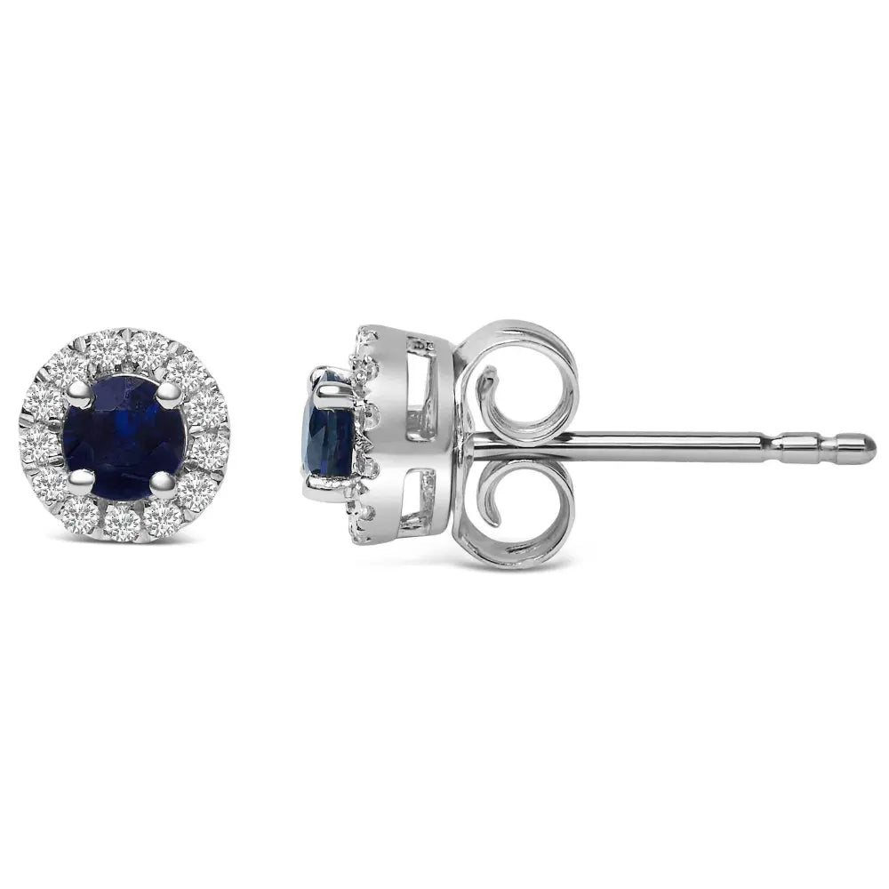 10K White Gold 3.25mm x 3.25mm Round Blue Sapphire and 1/10 Cttw Diamond Halo Stud Earrings (I-J Color, I1-I2 Clarity) - Bijoux-NYC Direct