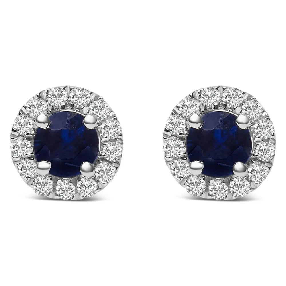 10K White Gold 3.25mm x 3.25mm Round Blue Sapphire and 1/10 Cttw Diamond Halo Stud Earrings (I-J Color, I1-I2 Clarity) - Bijoux-NYC Direct