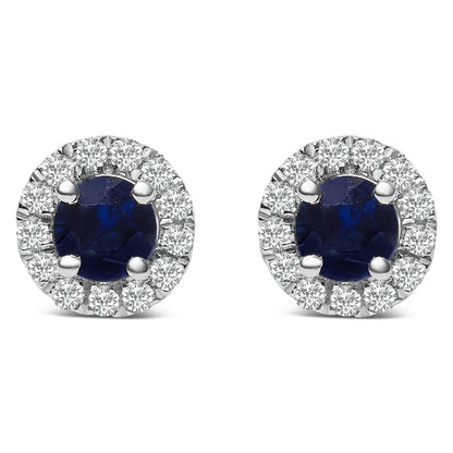 10K White Gold 3.25mm x 3.25mm Round Blue Sapphire and 1/10 Cttw Diamond Halo Stud Earrings (I-J Color, I1-I2 Clarity) - Bijoux-NYC Direct