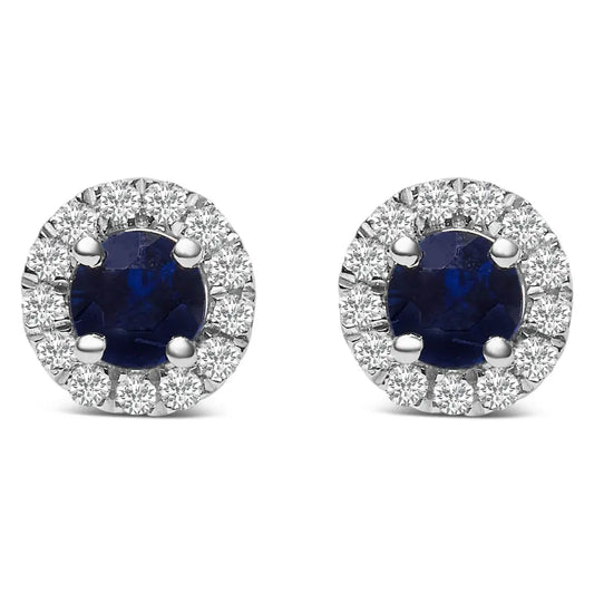 10K White Gold 3.25mm x 3.25mm Round Blue Sapphire and 1/10 Cttw Diamond Halo Stud Earrings (I-J Color, I1-I2 Clarity) - Bijoux-NYC Direct