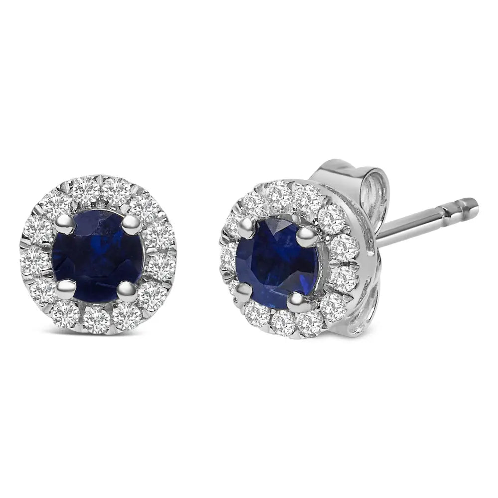 10k white gold 3.25mm blue sapphire and 1/10 cttw diamond halo studs bijoux-nyc direct