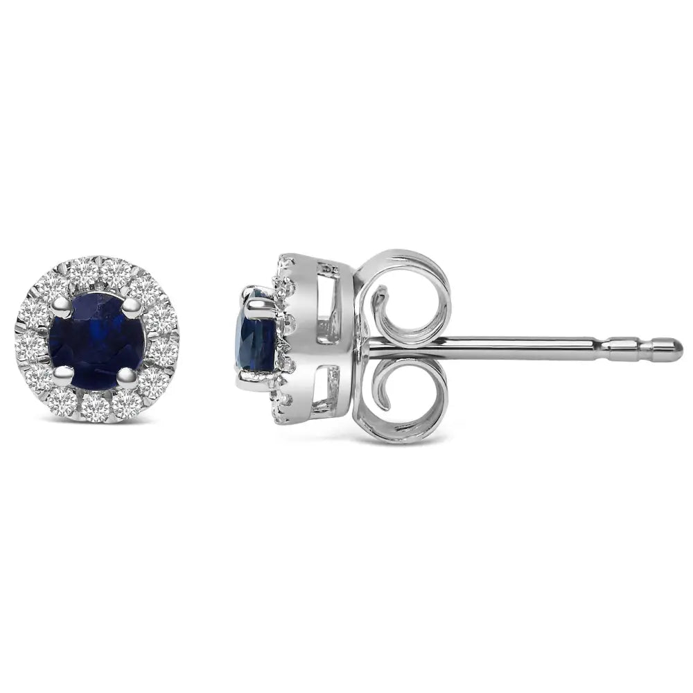 10k white gold 3.25mm blue sapphire and 1/10 cttw diamond halo studs bijoux-nyc direct