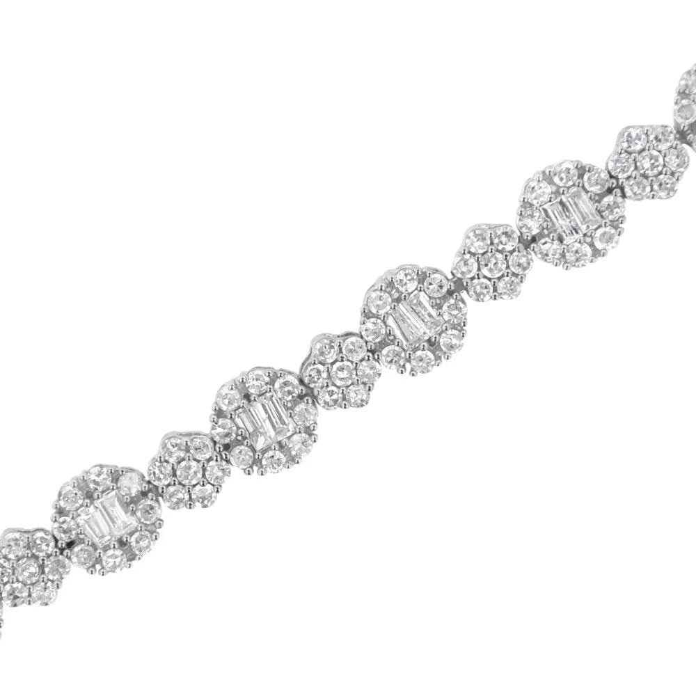 10K White Gold 4.0 cttw Brilliant Round-cut and Baguette Diamond Floral Cluster Link Bracelet (I-J Clarity, I1-I2 Color) - Size 7" - Bijoux-NYC Direct