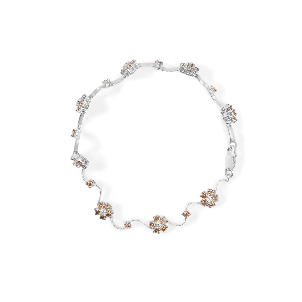 10k white gold 4.0 cttw champagne and diamond floral cluster station link bracelet (h i color si2 i1 clarity) 7’’ inches