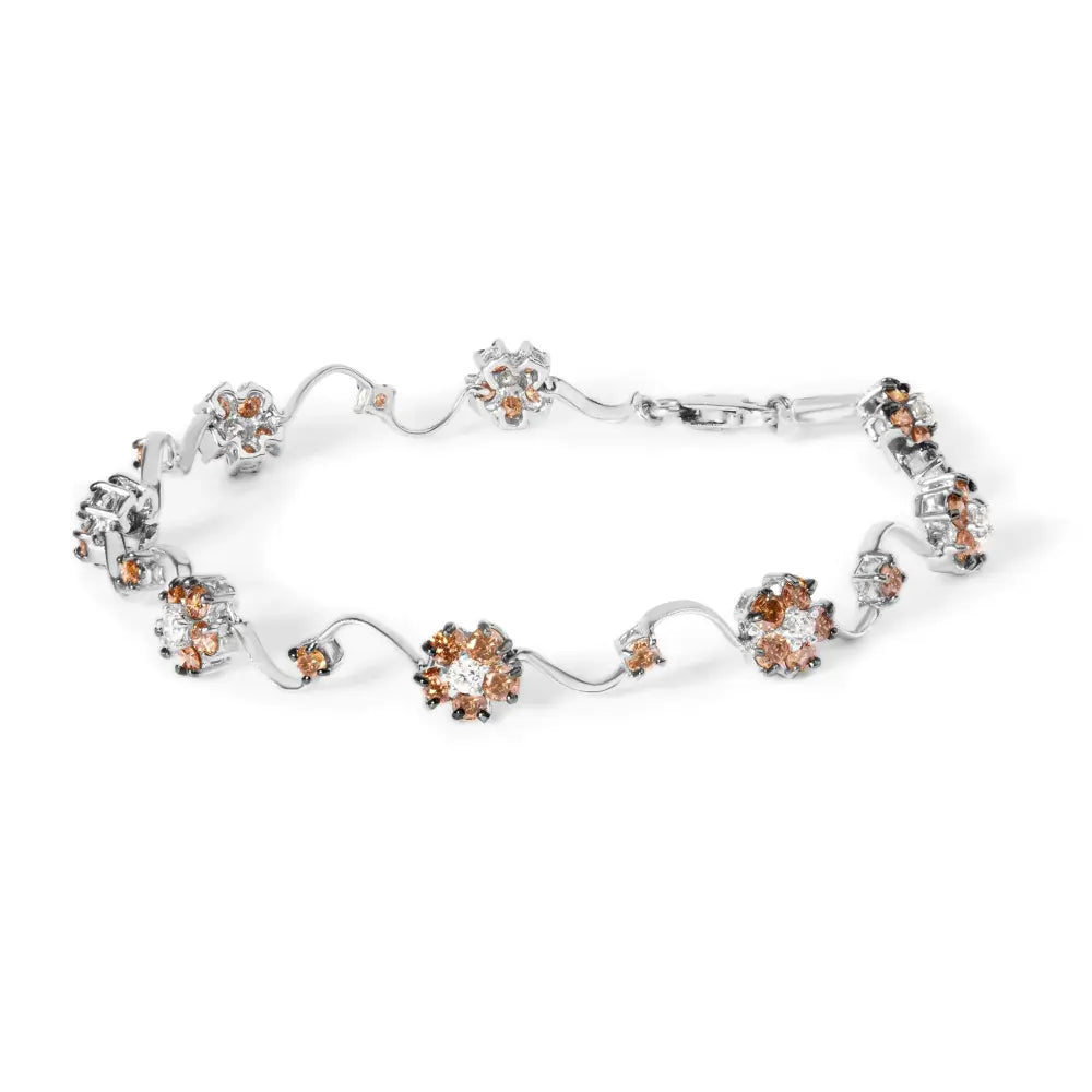 10k white gold 4.0 cttw champagne and diamond floral cluster station link bracelet (h i color si2 i1 clarity) 7’’ inches
