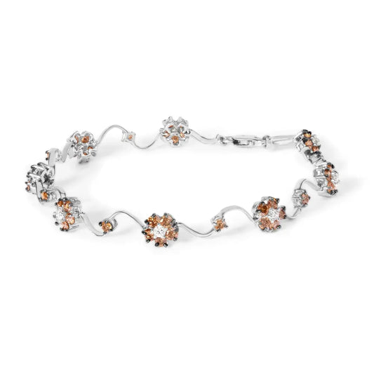 10k white gold 4.0 cttw champagne and diamond floral cluster station link bracelet (h i color si2 i1 clarity) 7’’ inches