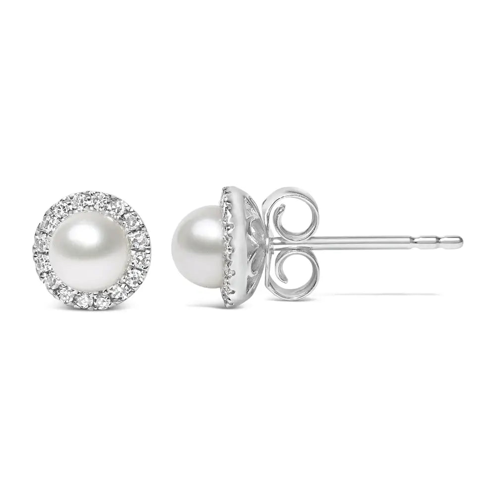 10k white gold 4.5mm freshwater pearl and 1/7 cttw diamond halo earrings bijoux-nyc direct