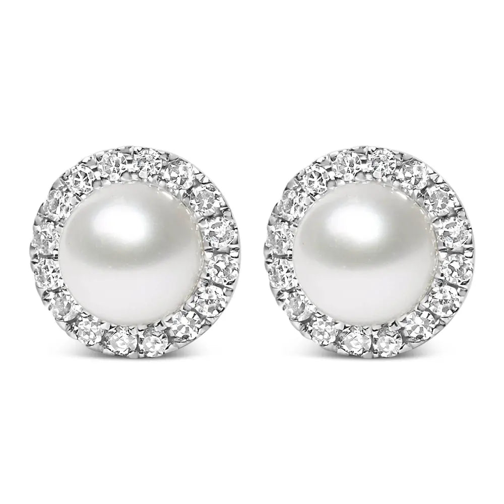 10K White Gold 4.5mm Cultured Freshwater Pearl and 1/7 Cttw Diamond Halo Stud Earring (I-J Color, I1-I2 Clarity) - Bijoux-NYC Direct