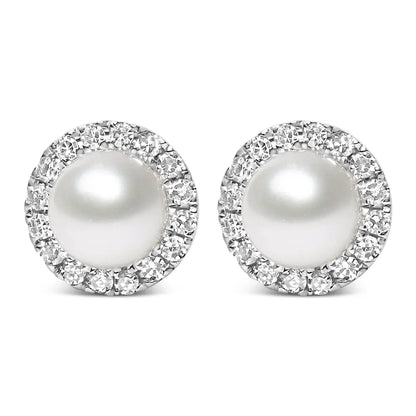 10K White Gold 4.5mm Cultured Freshwater Pearl and 1/7 Cttw Diamond Halo Stud Earring (I-J Color, I1-I2 Clarity) - Bijoux-NYC Direct