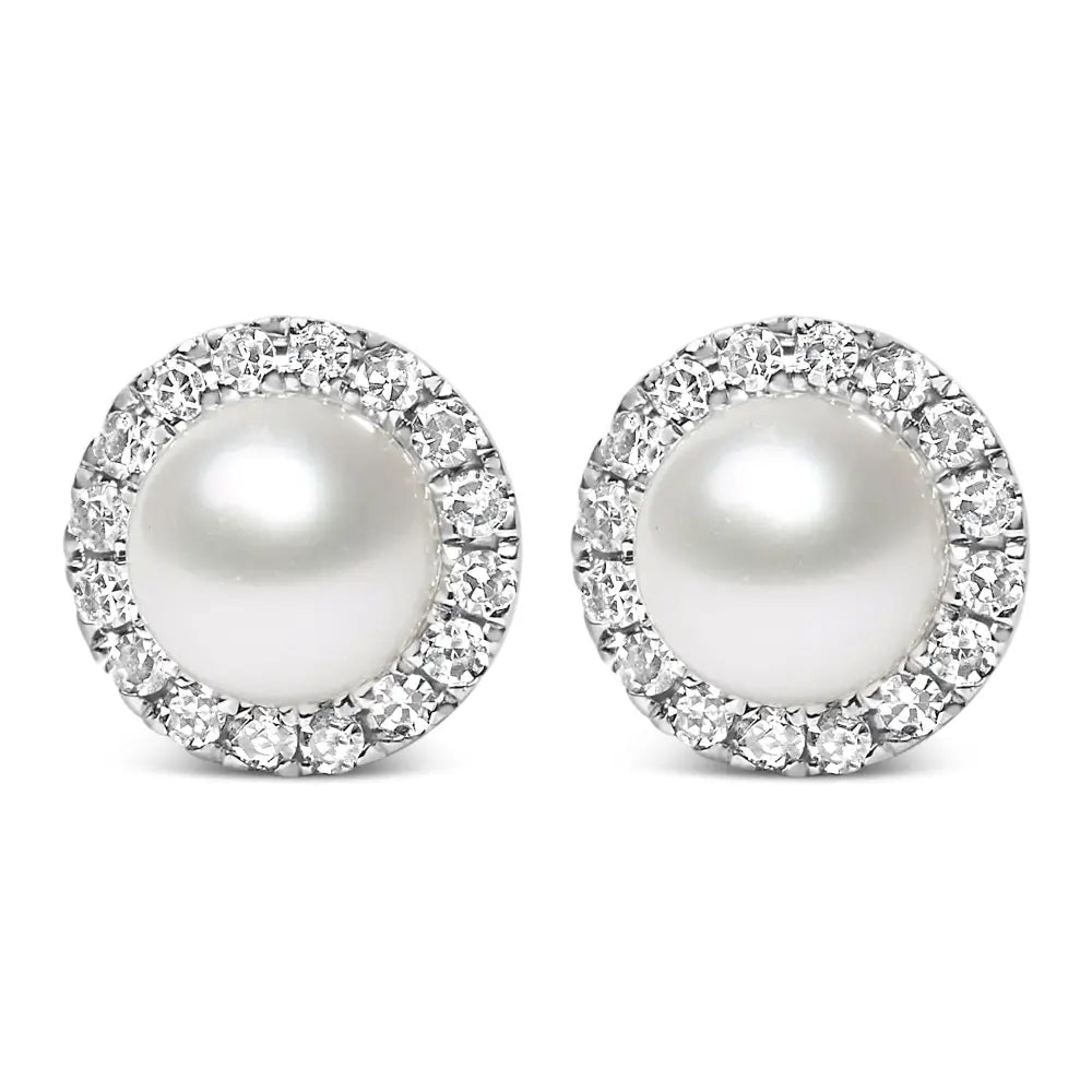 10k white gold 4.5mm freshwater pearl and 1/7 cttw diamond halo earrings bijoux-nyc direct