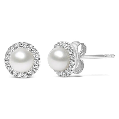 10K White Gold 4.5mm Cultured Freshwater Pearl and 1/7 Cttw Diamond Halo Stud Earring (I-J Color, I1-I2 Clarity) - Bijoux-NYC Direct