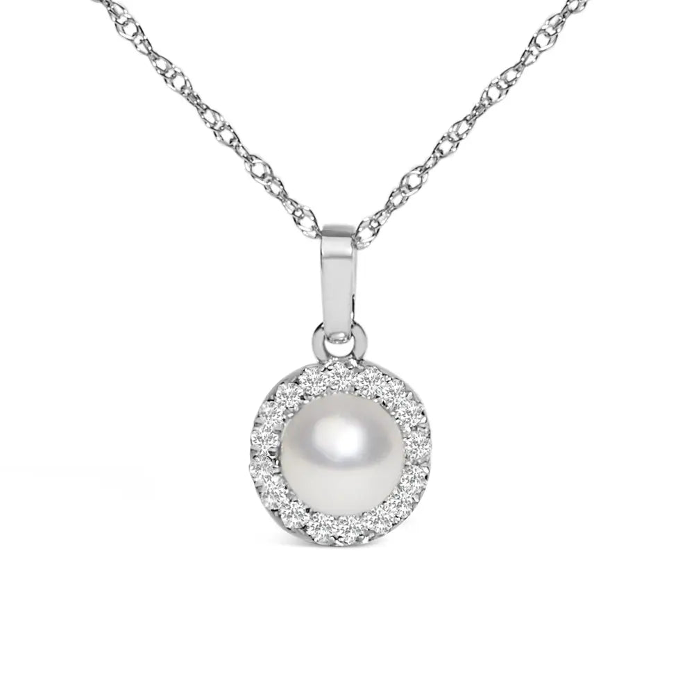 10k white gold 5mm cultured pearl and diamond halo pendant necklace bijoux-nyc direct